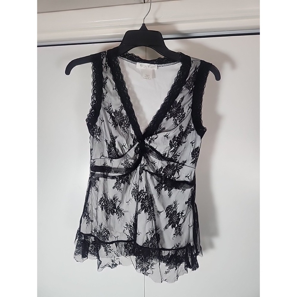 Womens Y2K Floral Lace Mesh Babydoll Top Size Small White House Black Market